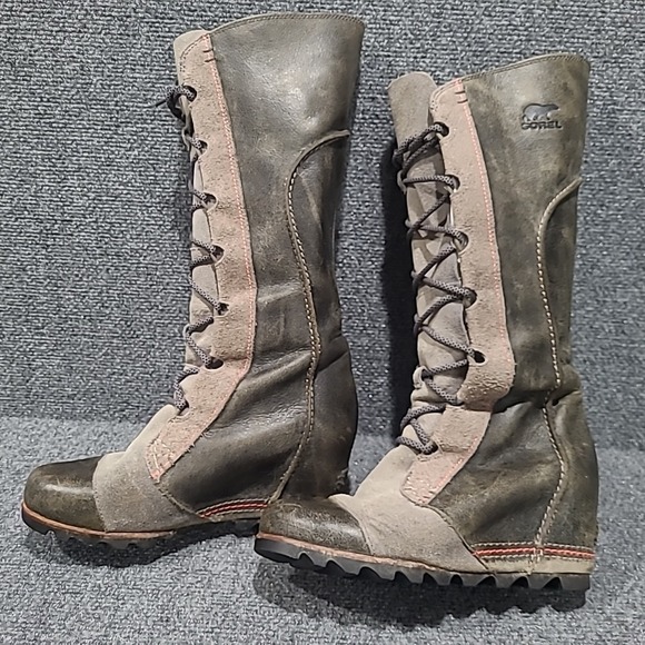 SOREL CATE THE GREAT WEDGE Tall Leather/ Suede Olive/Gray Boots  Knee sz 8.5‎ - Picture 1 of 12